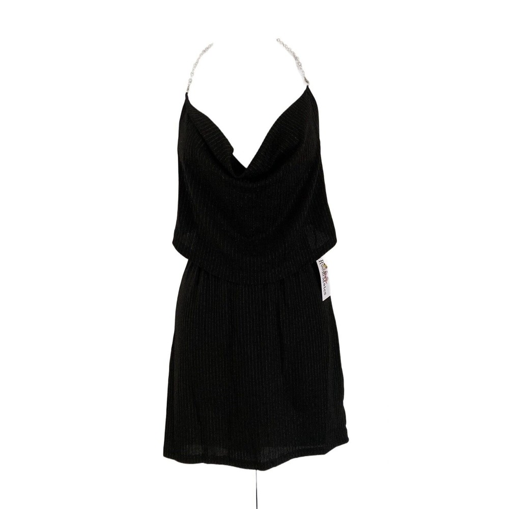 Womens Mini Skirt & Top Set Black Shimmer Size L Silver Chain Closure Halter NEW